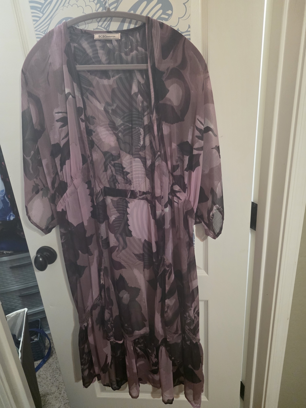 BCBGMaxAzria Sheer Lavender and Black Floral Kimono Robe